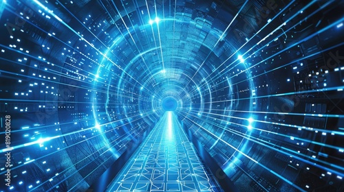 captivating blue LED light tunnel  with geometric patterns and a glowing pathway leading forward
