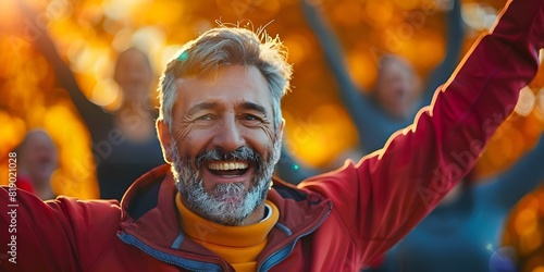 Middle-aged man with gray hair and beard enthusiastically cheering in the park among exercisers. Concept Outdoor Photoshoot, Gray Hair, Beard, Enthusiastic Cheers, Park Setting, Exercisers photo