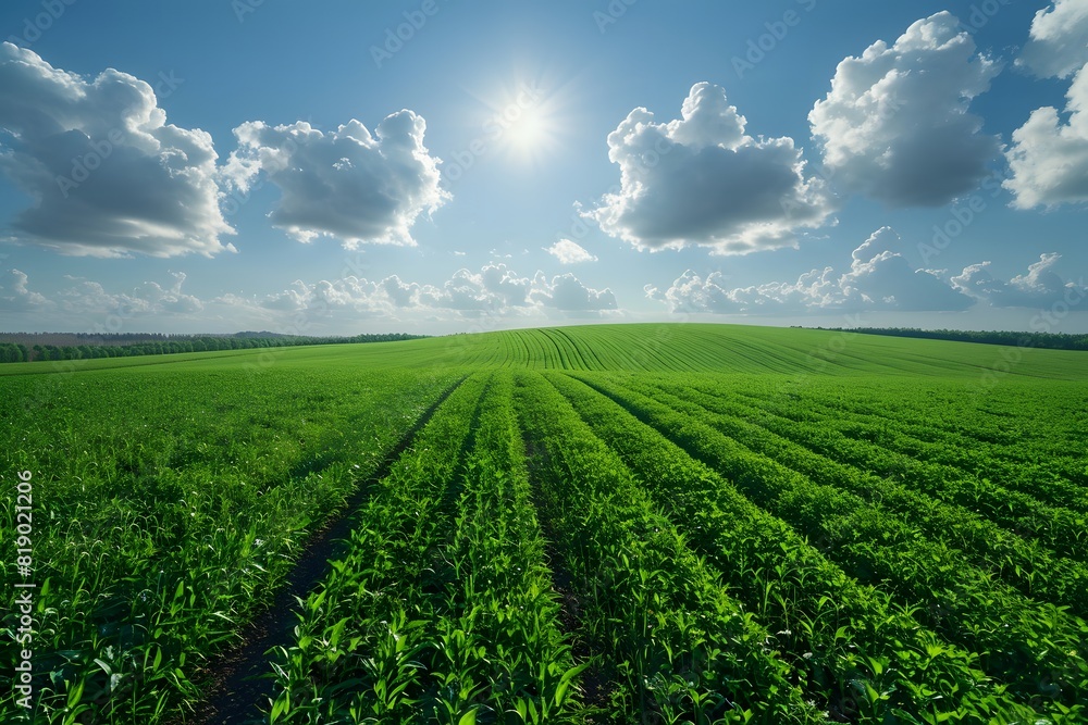 Vast Green Farm Field Under a Sunny Sky with Puffy Clouds - Perfect for Agricultural Designs and Posters Vast Green Farm Field Under a Sunny Sky with Puffy Clouds - Perfect for Agricultural Designs and Posters
