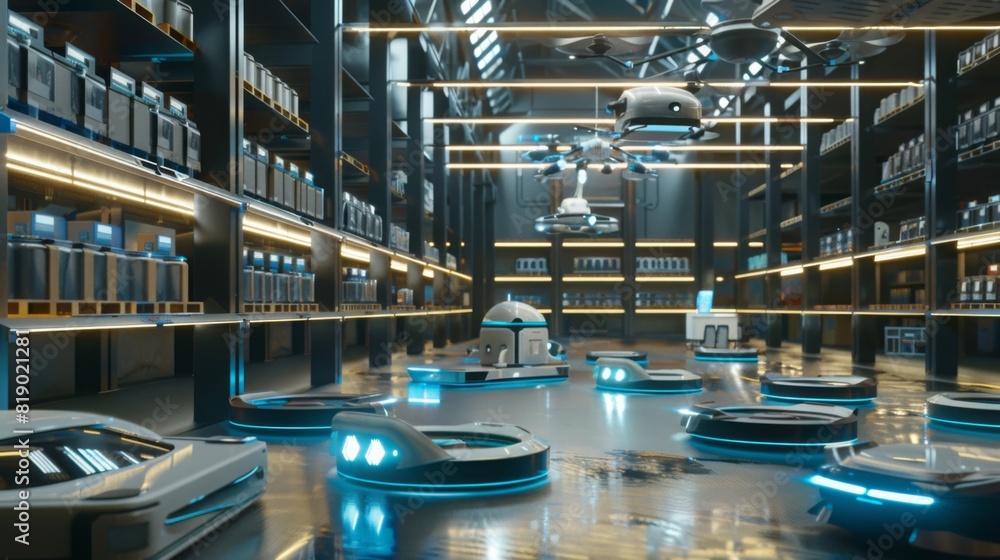 A futuristic warehouse with robots and drones managing inventory for an e-commerce giant, high-resolution and dynamic. A futuristic warehouse with robots and drones managing inventory for an e-commerce giant, high-resolution and dynamic.
