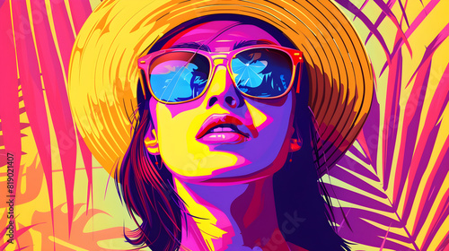 Woman wearing yellow hat and sunglasses on vibrant pink background with tropical leaves. Pop art illustration.