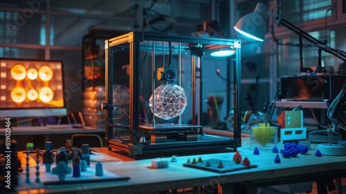 A futuristic workspace with a holographic 3D printer creating intricate designs, in a vibrant, creative style --ar 16:9 --style raw Job ID: 679dc0e9-b7c5-451d-93e1-49aabf813333