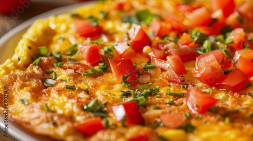 Close-up of a perfectly cooked omelette with diced red bell peppers, vibrant colors, isolated background, studio lighting