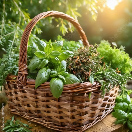 herbs in basket  Freshly picked herbs and spices cascade from a rustic woven basket