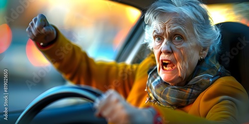 An older woman in traffic displaying road rage and frustration while driving. Concept Traffic Frustration, Road Rage, Elderly Driver, Driving Stress, Traffic Jam photo