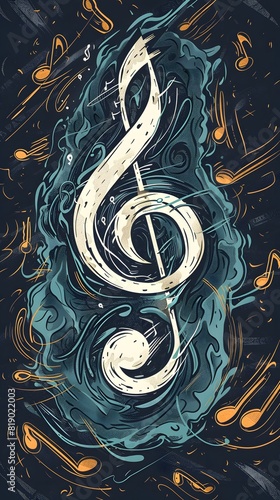 A surreal depiction of a giant treble clef surrounded by floating notes, symbolizing the concept of pitch and octave photo