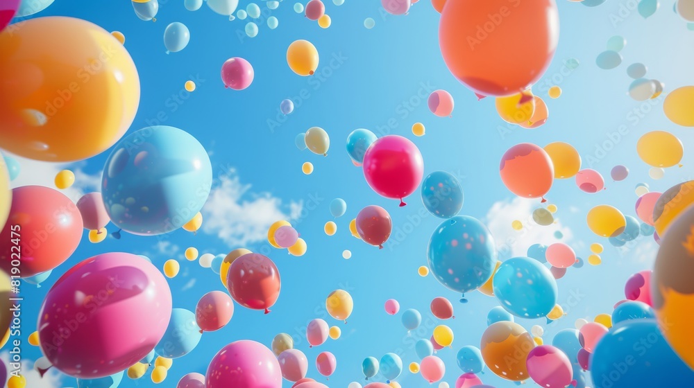 A skyward view filled with vibrant, round balloons in various colors, floating against a clear blue sky, creating a cheerful and festive atmosphere A skyward view filled with vibrant, round balloons in various colors, floating against a clear blue sky, creating a cheerful and festive atmosphere
