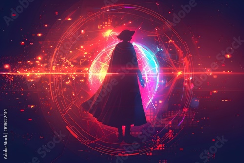 Minimalist Silhouette of a Time Mage Wielding Temporal Powers in a Futuristic Digital Realm photo