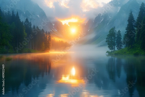 Tranquil Sunrise in Mystical Mountain Lake Landscape - Nature Photography for Posters, Wall Art