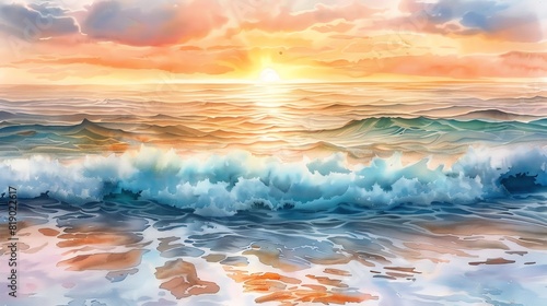 Peaceful sunset over a calm ocean, with gentle waves, in watercolor