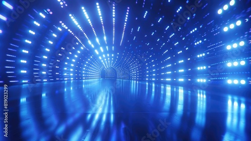 futuristic blue LED light tunnel, with shimmering lights and reflections creating an immersive experience
