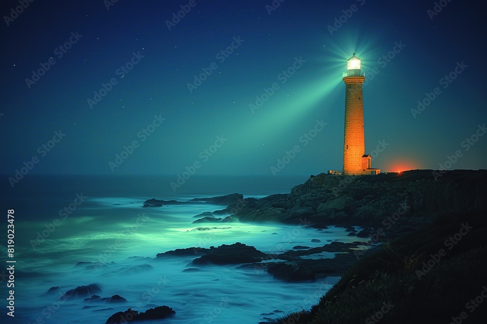 Lighthouse Illuminated at Night A lighthouse shining brightly against the night sky, guiding ships with its beacon