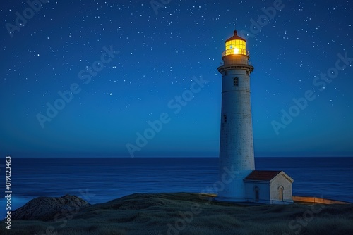 Lighthouse Illuminated at Night A lighthouse shining brightly against the night sky, guiding ships with its beacon