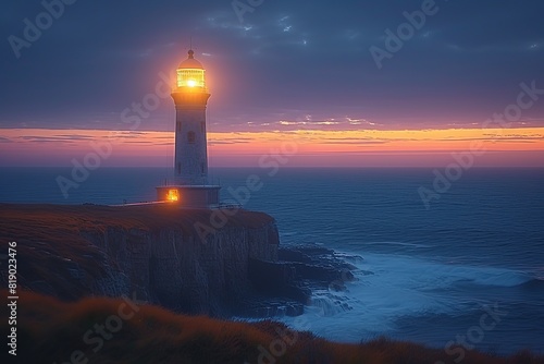 Lighthouse Illuminated at Night A lighthouse shining brightly against the night sky, guiding ships with its beacon © create