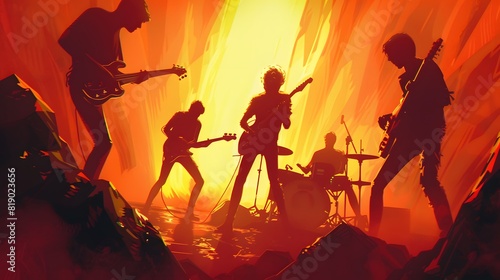 Expressionism of A dynamic scene of a rock band in the middle of an electrifying performance, with powerful forte dynamics photo
