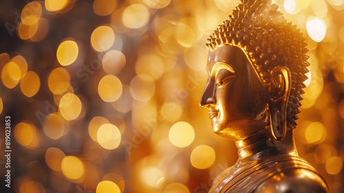 Golden Buddha statue with a glowing bokeh backdrop, exuding tranquility on Asalha Bucha Day