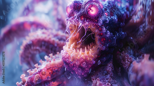 A highly detailed, close-up digital illustration of a monstrous sea creature with glowing eyes, sharp teeth, and numerous tentacles. The creature has a menacing expression photo