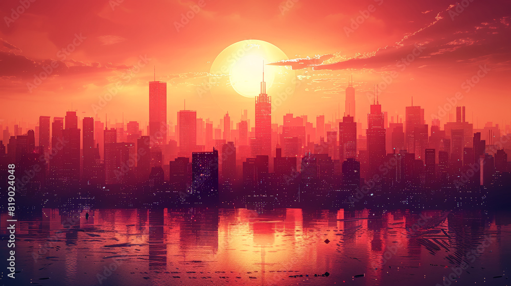 Modern city silhouette at sunset: urban lifestyle