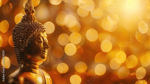 Golden Buddha statue with twinkling bokeh lights in the background, symbolizing enlightenment on Asalha Bucha Day © buraratn
