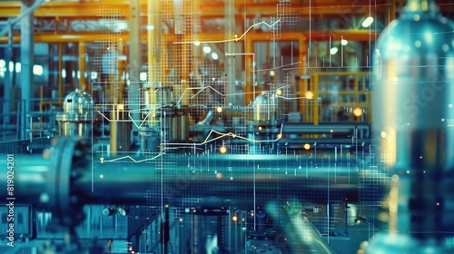 Graphs overlaid on industrial collar work, depicting synergy between data analysis and manufacturing processes