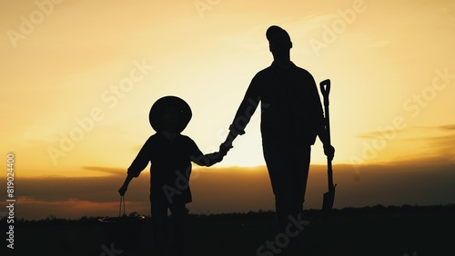 boy son child father tree shovel plant farmer gardener field garden silhouette sunset family parenting happy, sunset family silhouette, education in agriculture, nurturing tree with child, sunset tree