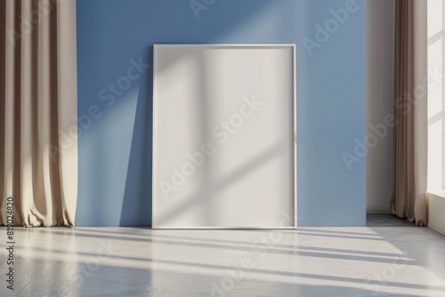 Close-up layout of poster frame in empty interior  3d visualization  Sapphire background