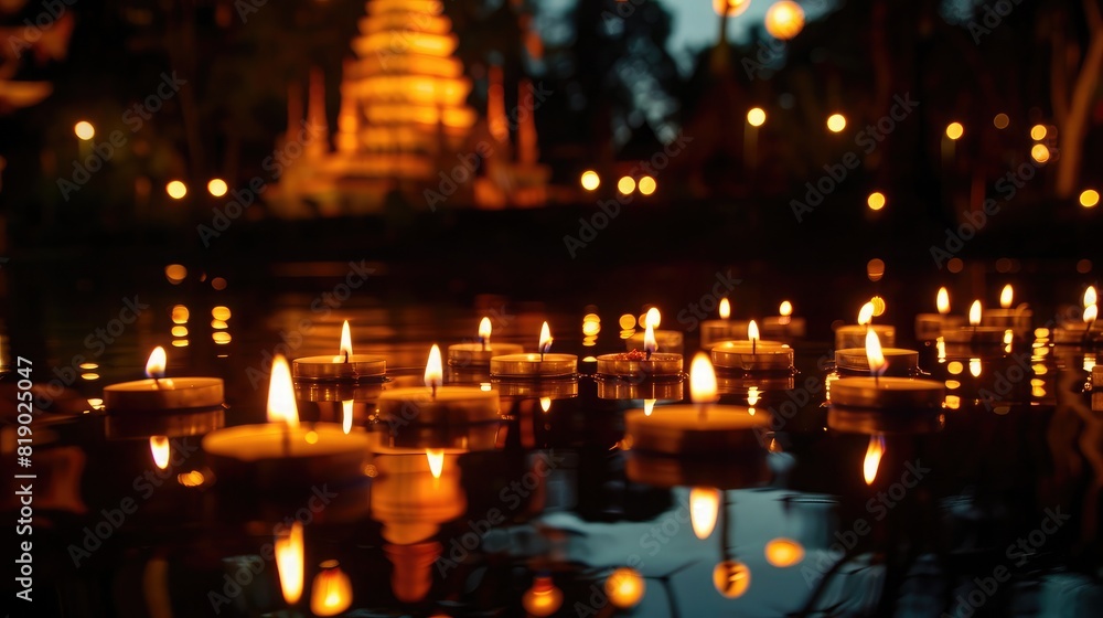 Lit candles reflecting in a temple pond, with the temple's silhouette in the background during Asalha Bucha Day