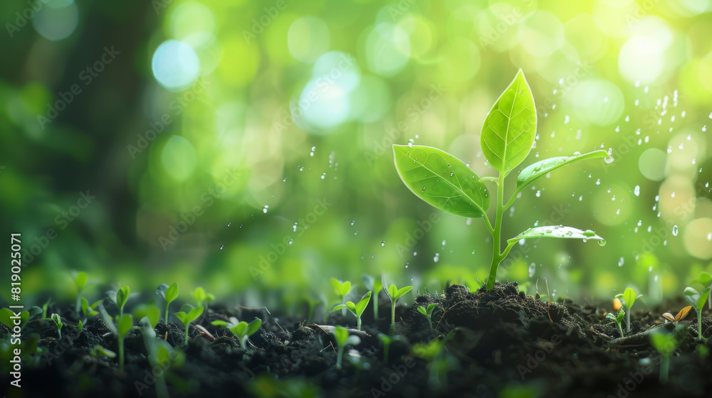 A young plant sprouts from rich soil, adorned with dew drops, capturing the essence of new life and growth at dawn. A young plant sprouts from rich soil, adorned with dew drops, capturing the essence of new life and growth at dawn.