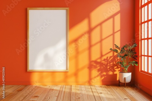 Close-up layout of poster frame in empty interior  3d visualization  Tangerine background