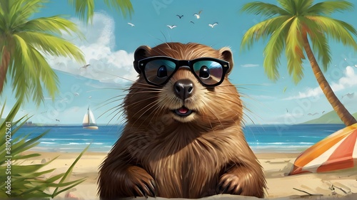 Beaver sporting sunglasses against a sunny summer beach background vector illustration