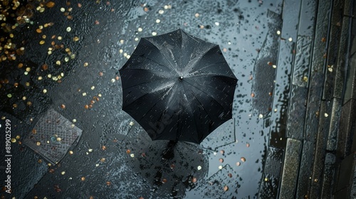 Aerial perspective of a solitary black umbrella walking on a rain-soaked pathway, the ground glistening with raindrops and puddles.