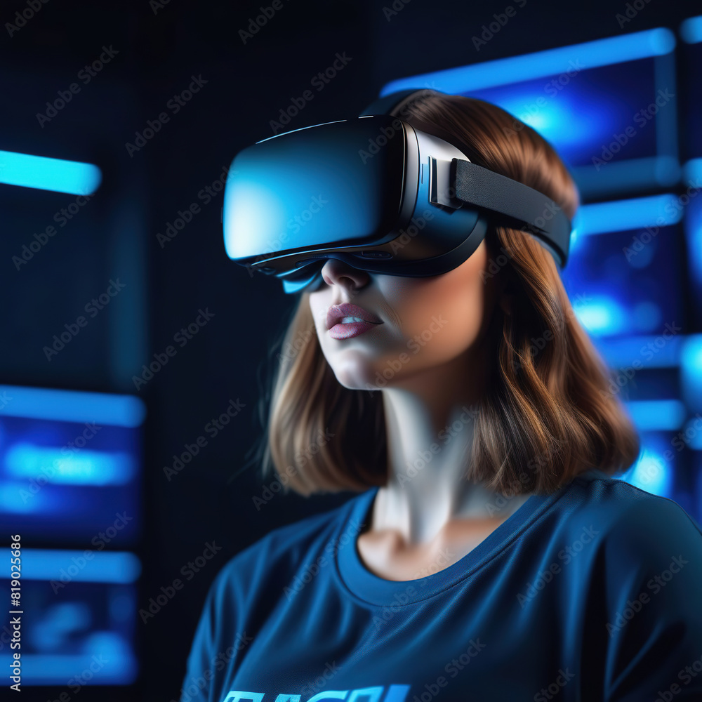 Young woman in virtual reality glasses on a neon background Young woman in virtual reality glasses on a neon background