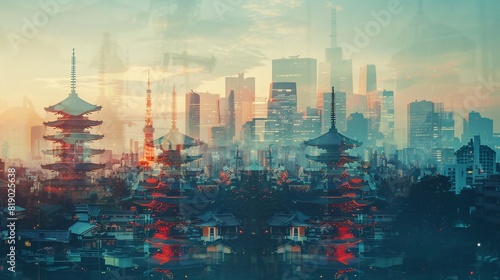 Blend of cultures: Tokyo's skyline with the temples of Kyoto in a mesmerizing double exposure photo