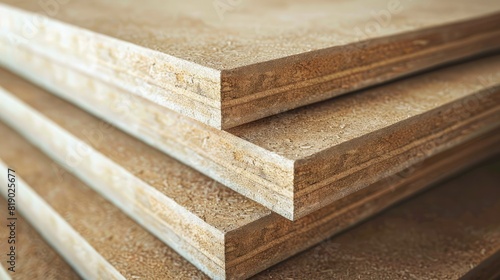 MDF particle board sheets with a natural wood texture, stacked and ready for woodworking photo
