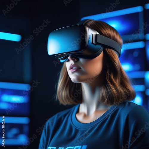 Young woman in virtual reality glasses on a neon background