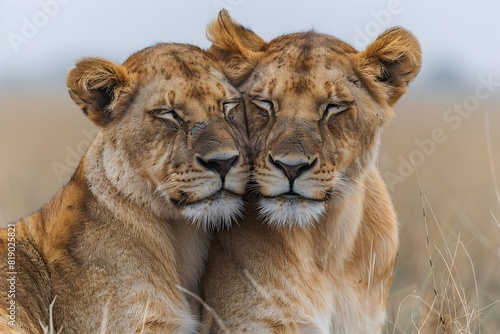 Close-Up of Two Lions Embracing in the Savanna for Wildlife Photography and Conservation Awareness © D