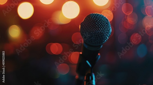 microphone on a stand with a blurred bokeh background, highlighting the business event setting photo