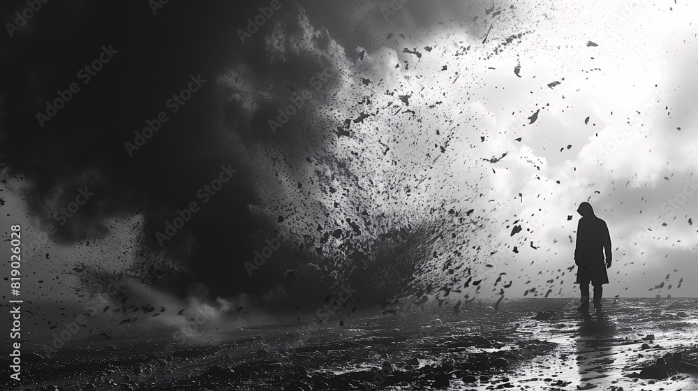 Fototapeta premium A person stands on a desolate landscape as a dramatic storm with dark clouds and debris swirls around them. The scene is in black and white, emphasizing the intensity and moodiness of the storm.