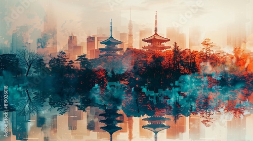 Blend of cultures: Tokyo's skyline with the temples of Kyoto in a mesmerizing double exposure photo