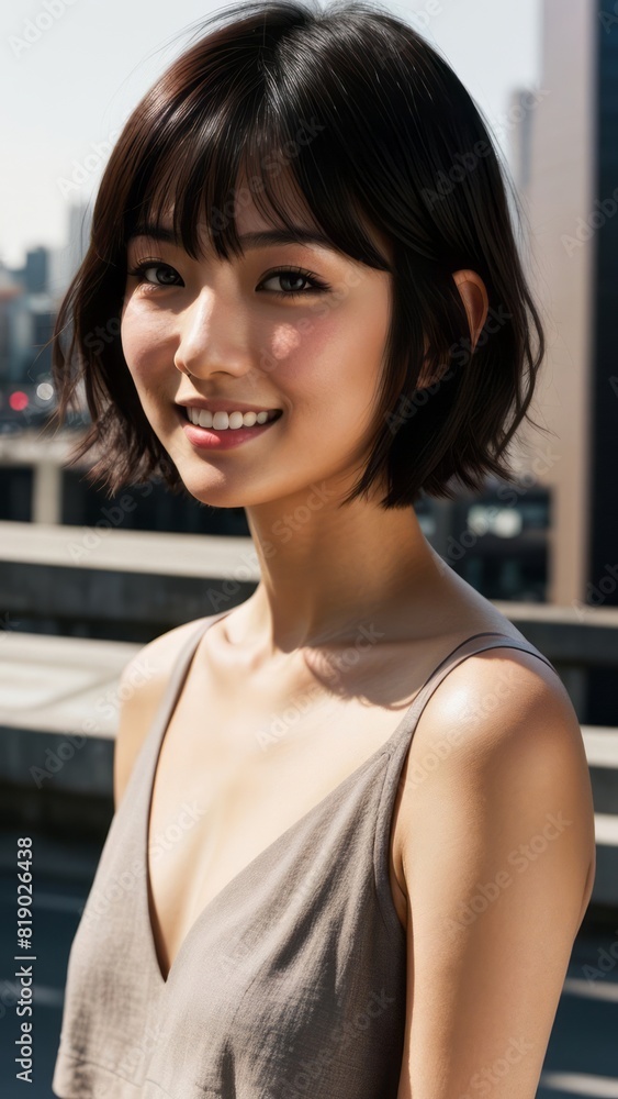 Photo Portrait of a Beautiful Asian Female in Top on a City Background