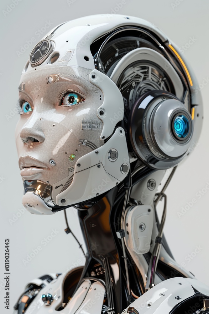 Fototapeta premium Prototipo robot para la asistencia y cuidado personal, ayudante robótico, robot de armadura blanca y luces biométricas, humanoide futurista aislado con fondo blanco