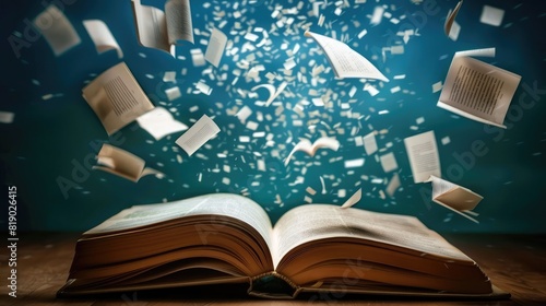Pages flying out of an open book, creating a visual metaphor for the dissemination of ideas