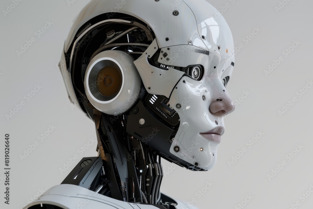 Fototapeta premium Robot futurista blanco con luces led. Asistente robotico de laboratorio. Inteligencia artificial con aspecto humanoide. Cyborg 