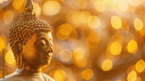 Peaceful golden Buddha statue with a softly lit bokeh backdrop, celebrating Visakha Bucha Day © buraratn