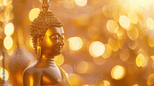 Peaceful golden Buddha statue with a softly lit bokeh backdrop, celebrating Visakha Bucha Day