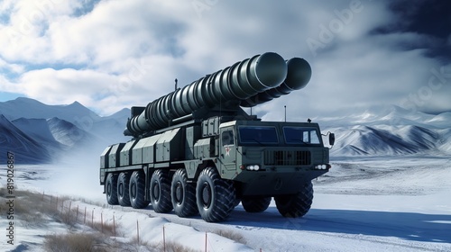 A military truck with a missile on board moving along a deserted road. Concept: military themes, news and articles about army equipment, posters for films and video games.