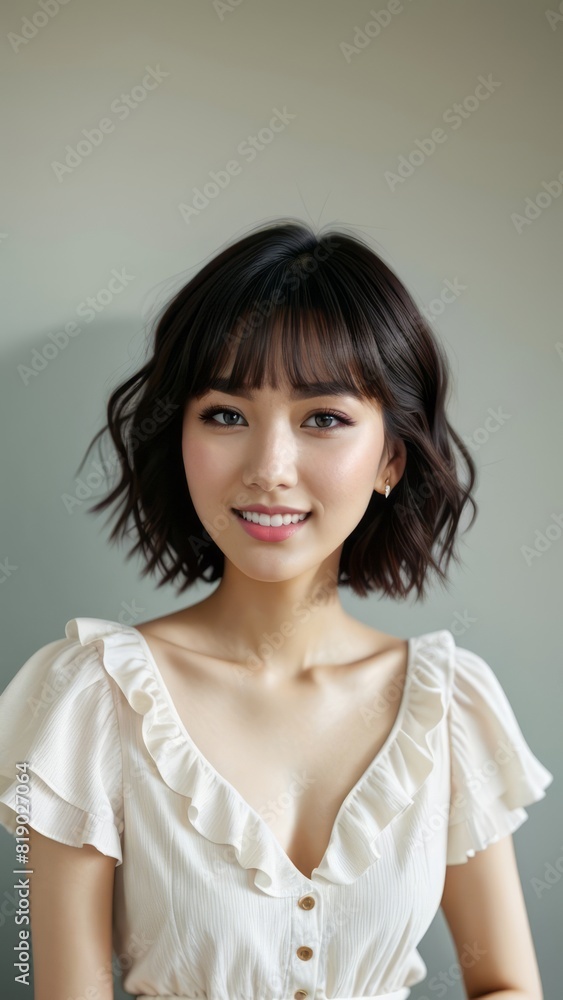 Photo Portrait of a Beautiful Asian Female in ruffled top Photo Portrait of a Beautiful Asian Female in ruffled top
