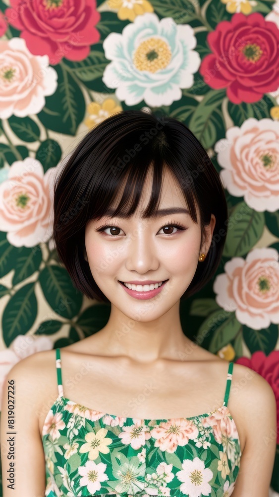 Photo Portrait of a Beautiful Asian Female in floral print top on a City Background Photo Portrait of a Beautiful Asian Female in floral print top on a City Background