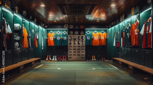 Locker Room: Jerseys, boots, and gear display careful prep and unity. photo
