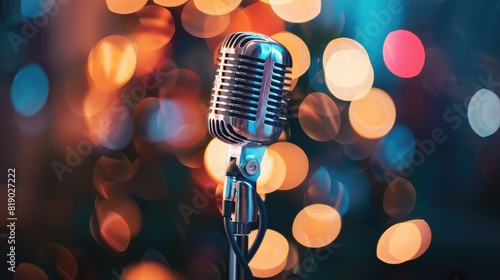 professional microphone against a vibrant bokeh backdrop, set up for a business presentation